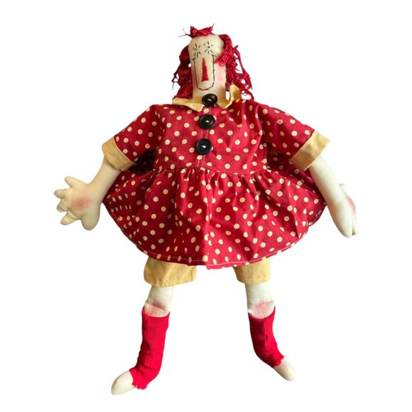 Handmade SIGNED Raggedy Ann Folk Art Cloth Doll — Primitive Americana Decor 21” - Picture 4 of 11